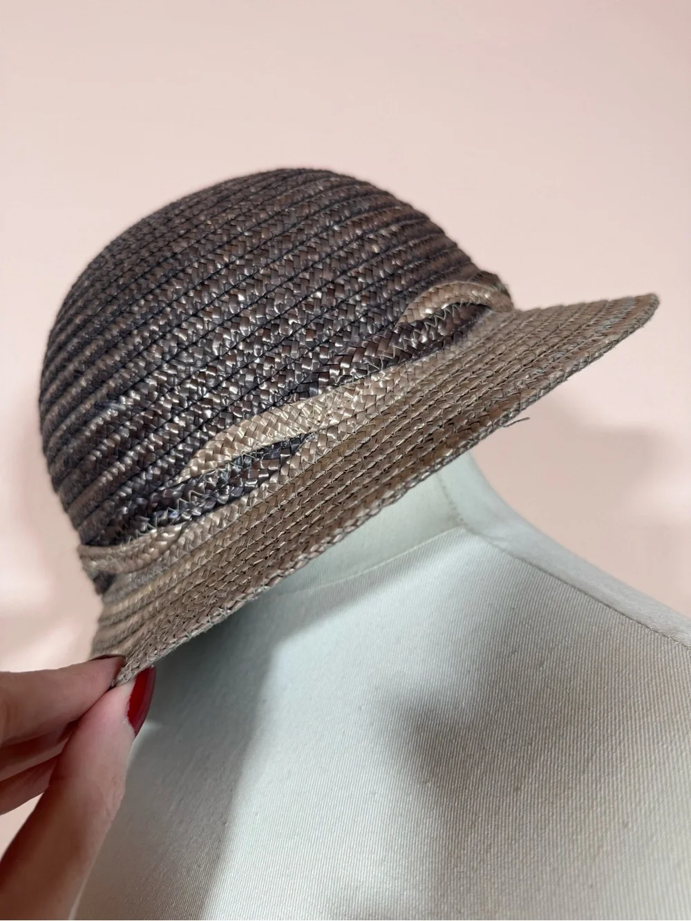 Vintage Italian Brandeis natural straw Grey tan Art deco short brim sun hat - Picture 14 of 17